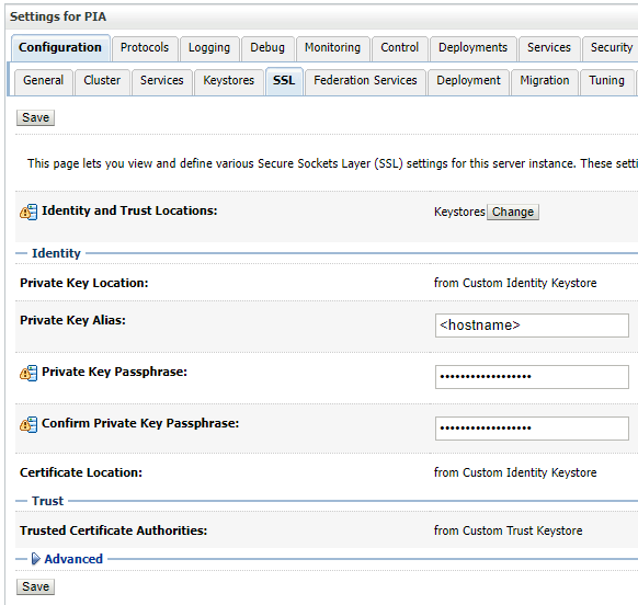 WebLogic SSL Locations Form